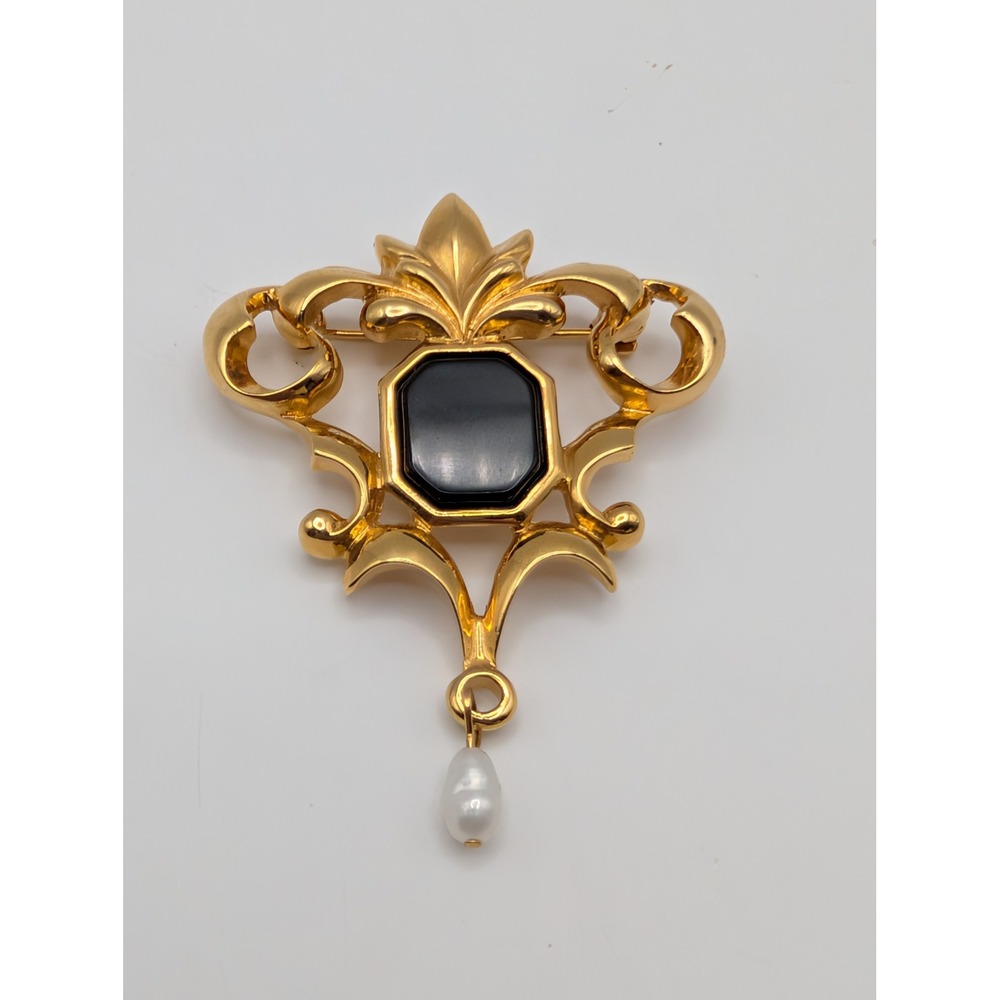 Avon Victorian Revival Brooch Gold Tone Black Onyx Glass Pearl Drop Pin 2"‎